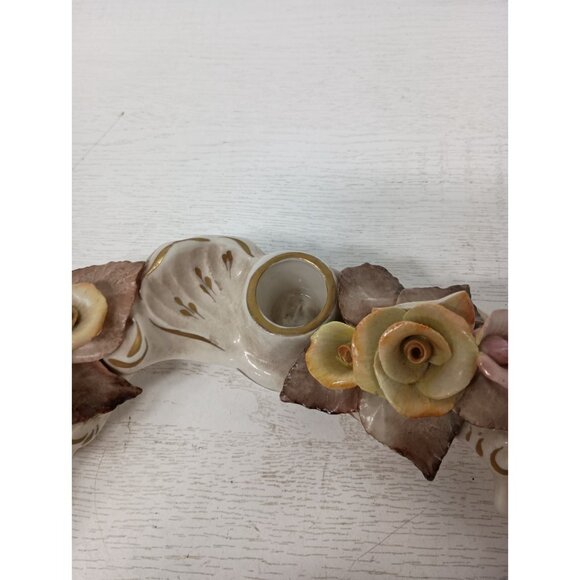 Vintage Capodemonte Ceramic 3D Floral Design Candelabra Triple Candle Holder - Picture 4 of 8